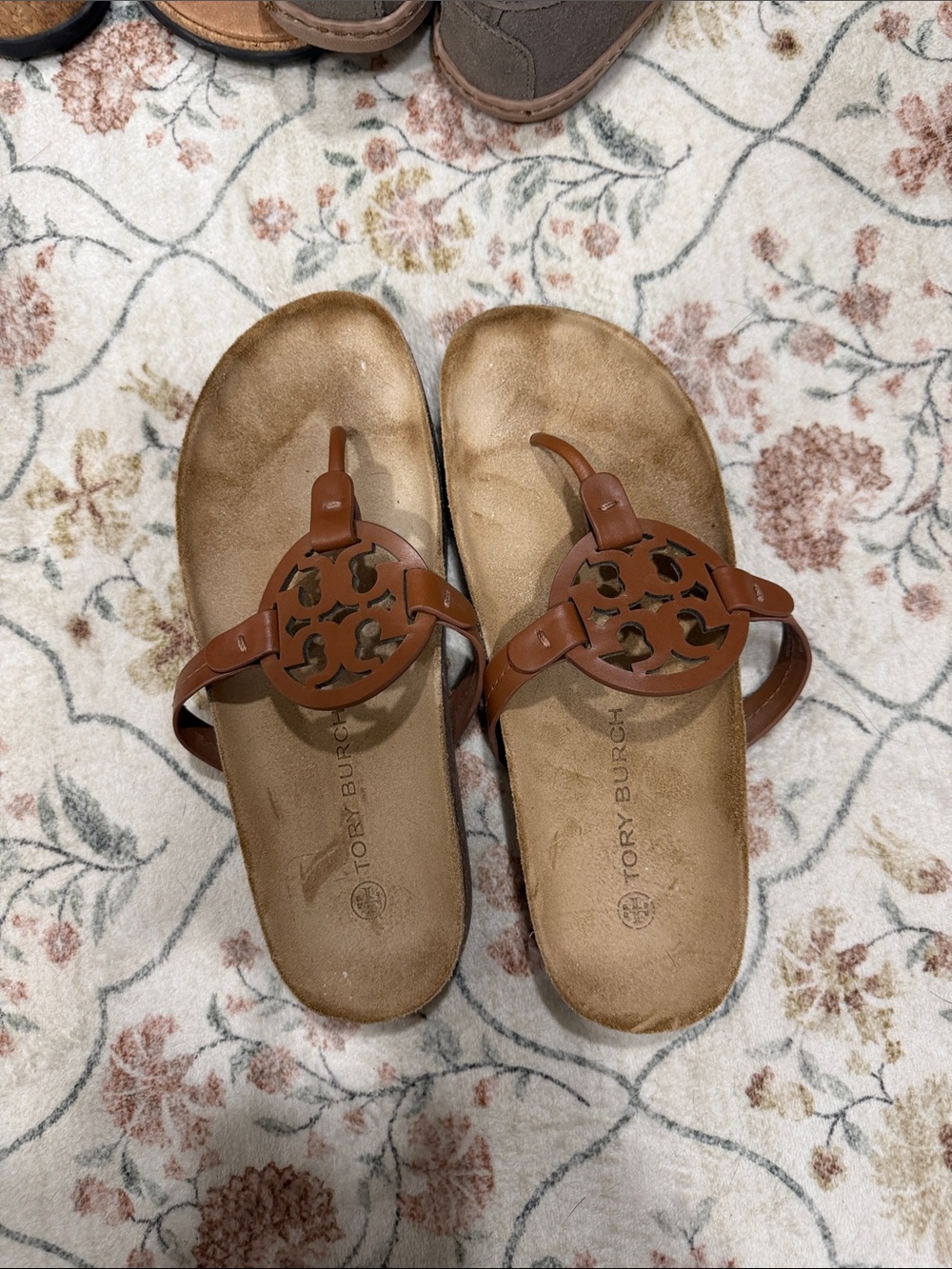 Tory Burch Tan Leather Logo Toe-Post Sandals